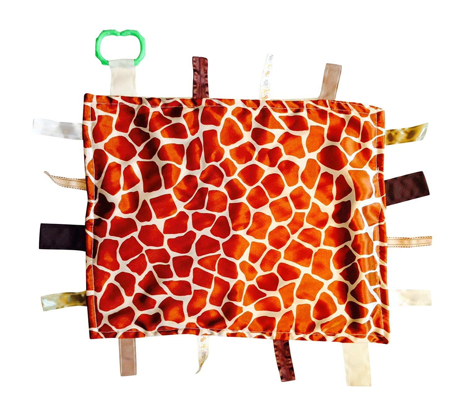 Giraffe Baby Tag Blanket Sensory Lovey Toy - Satin & Minky 14"x18"