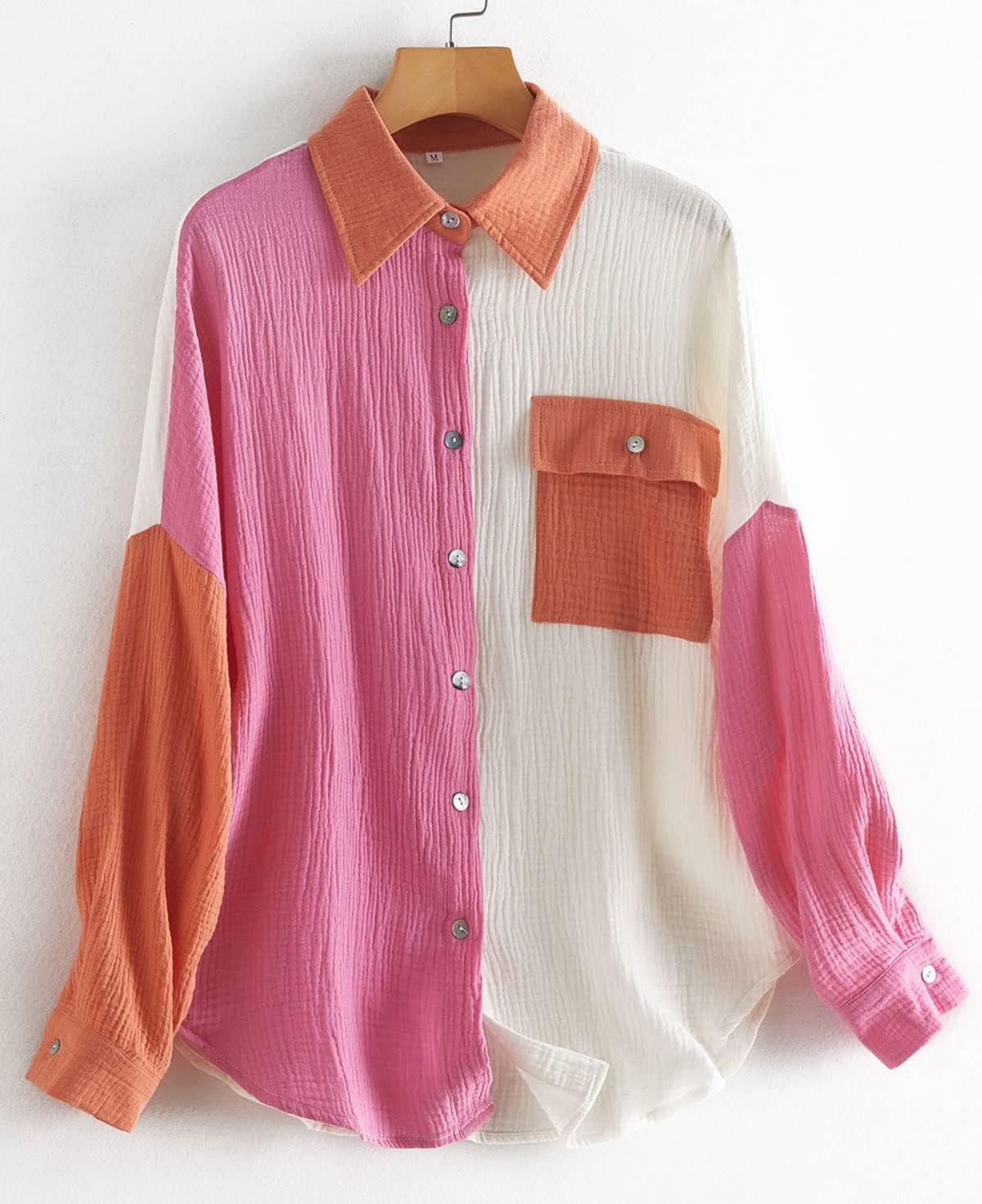 CHARTOU Women's Oversized Color Block Button Down Shirt Drop Long Sleeve Shirt Blouse - Image 6