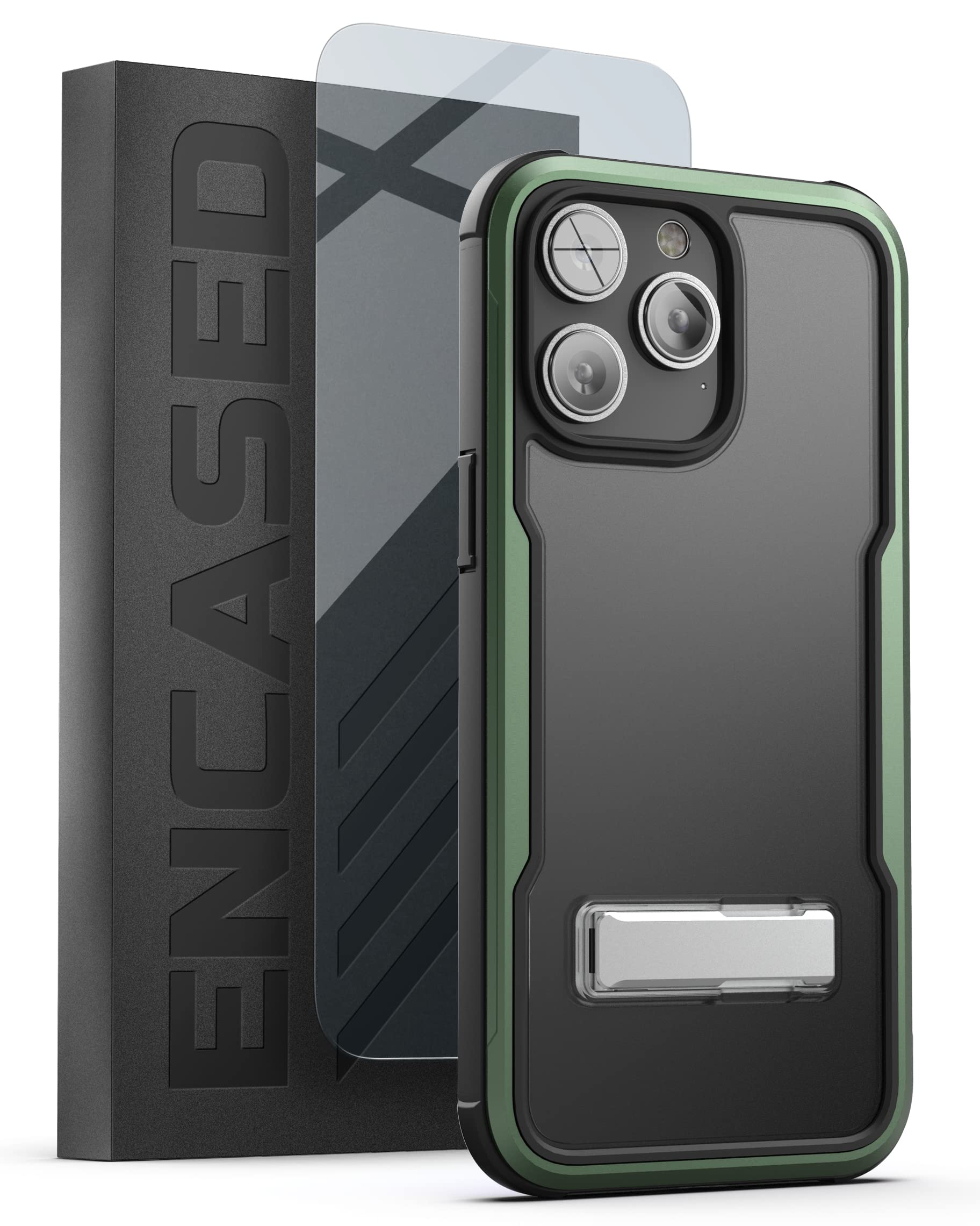 Encased Exos-Armor Designed for iPhone 14 PRO Case with Stand and Screen Protection [Ultra Protective] Aluminum Frame and Metal Kickstand (Metallic Green)