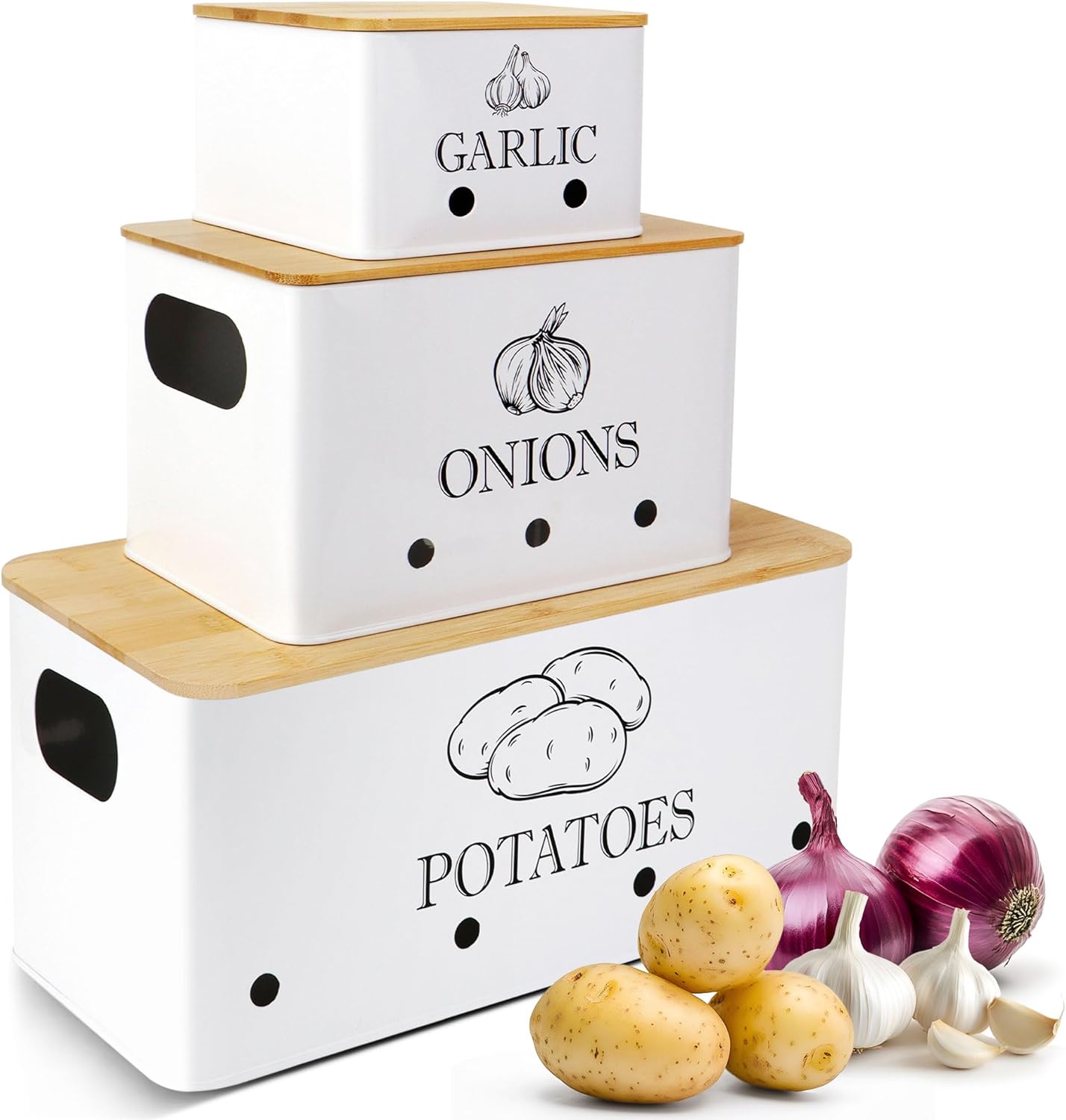 Kitchen Metal Vegetable Storage Bins,Metal Potato Onion Garlic Storage Set of 3 with Aerating Holes and Bamboo Lids,Farmhouse Canisters Sets for the Kitchen Countertop (1, Rectangular)
