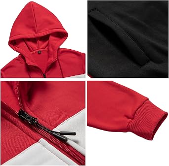 Mens Casual Color Block Full Zip Up Hoodie Fleece Hooded Sweatshirt