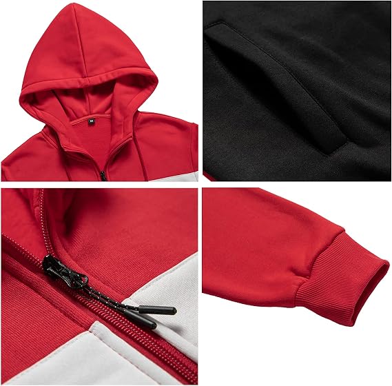 Mens Casual Color Block Full Zip Up Hoodie Fleece Hooded Sweatshirt