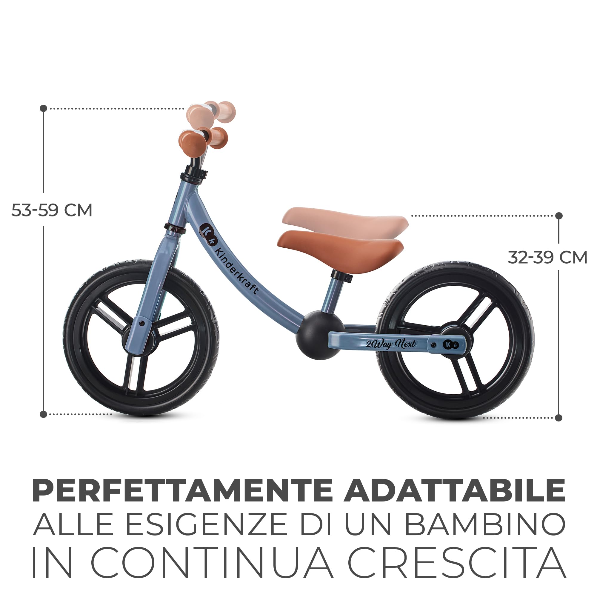 kk Kinderkraft 2WAY NEXT Bicicletta bambini 2-5 anni, Bici senza pedali, 12 polici ruote, Design sportivo, Regolazione della sella, Bloccasterzo, Montaggio facile, Struttura leggera, Blu