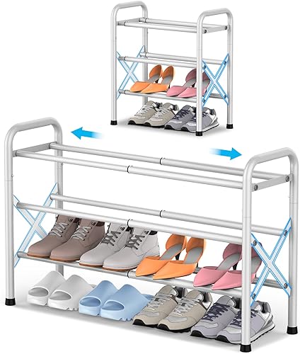 Zapatero expandible de 3 niveles para el suelo del armario, zapatero pequeño de metal con marco en X para entrada, organizador de zapatos ajustable,
