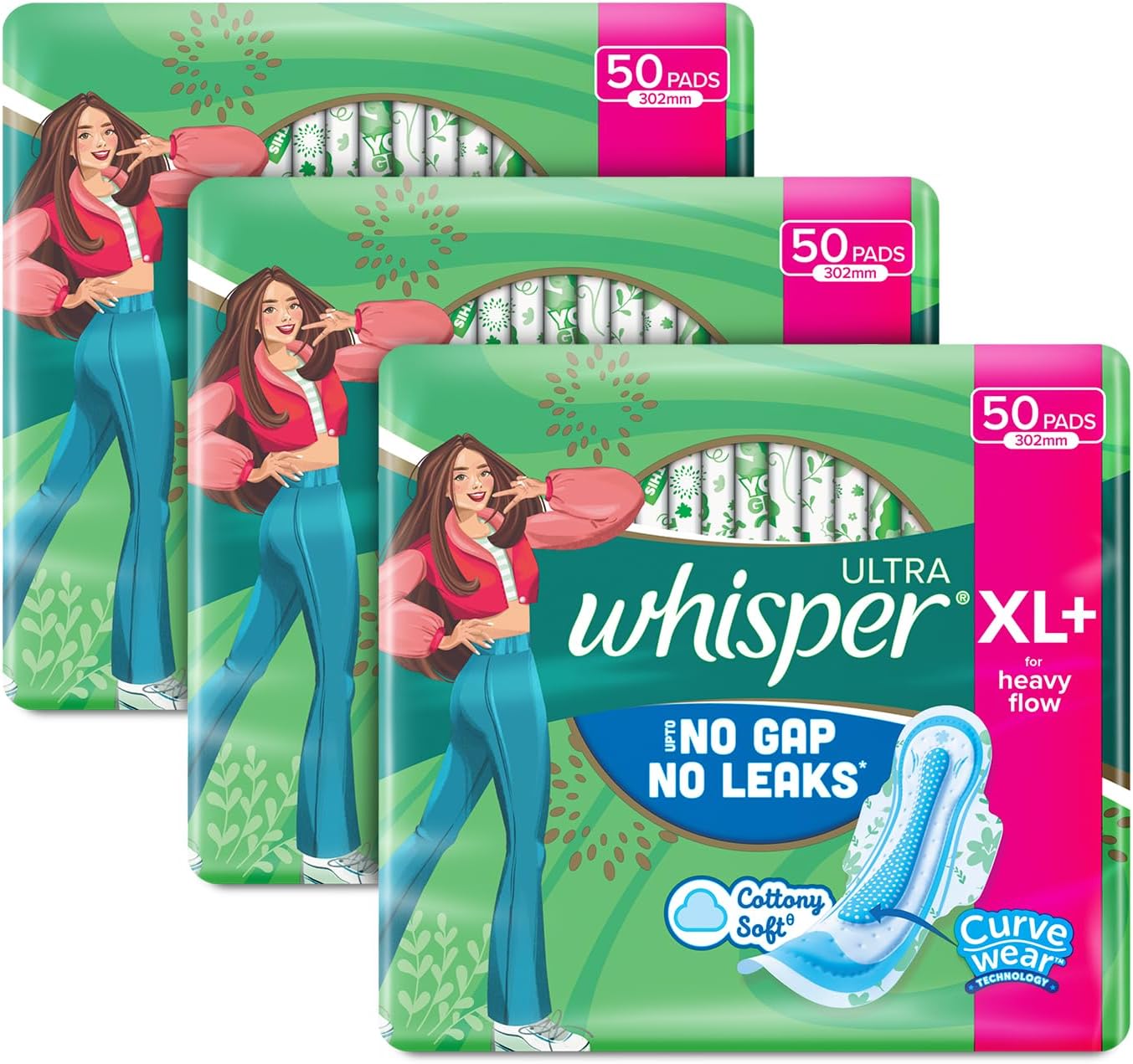 WHISPER ULTRA HYGIENE+COMFORT SANITARY PADS, 150 XL+ PADS, FOR HEAVY FLOW, LONG LASTING PROTECTION, LOCKS ODOUR & WETNESS, DRY TOP SHEET, DISPOSABLE WRAPPER