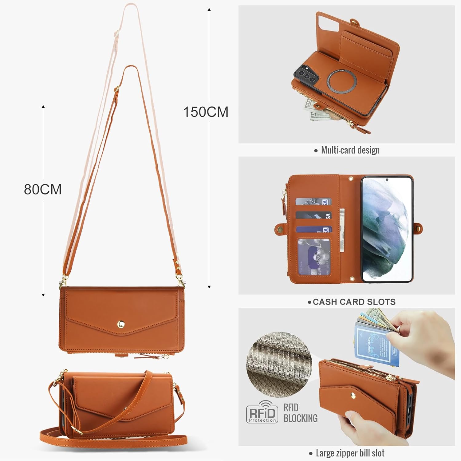 Asuwish Phone Case for Samsung Galaxy S21 5G 6.2 inch Wallet Cover Compatible with Magsafe RFID Screen Protector Crossbody Lanyard Strap Flip Card Holder Slot Zipper Cell Purse S 21 21S G5 Brown