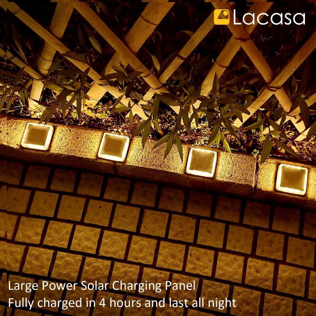 Lacasa Luces solares para cubierta, paquete de 4 unidades, blanco cálido, entrada suelo, base pasarela, IP68, impermeables, funcionan sol, luz LED encendido