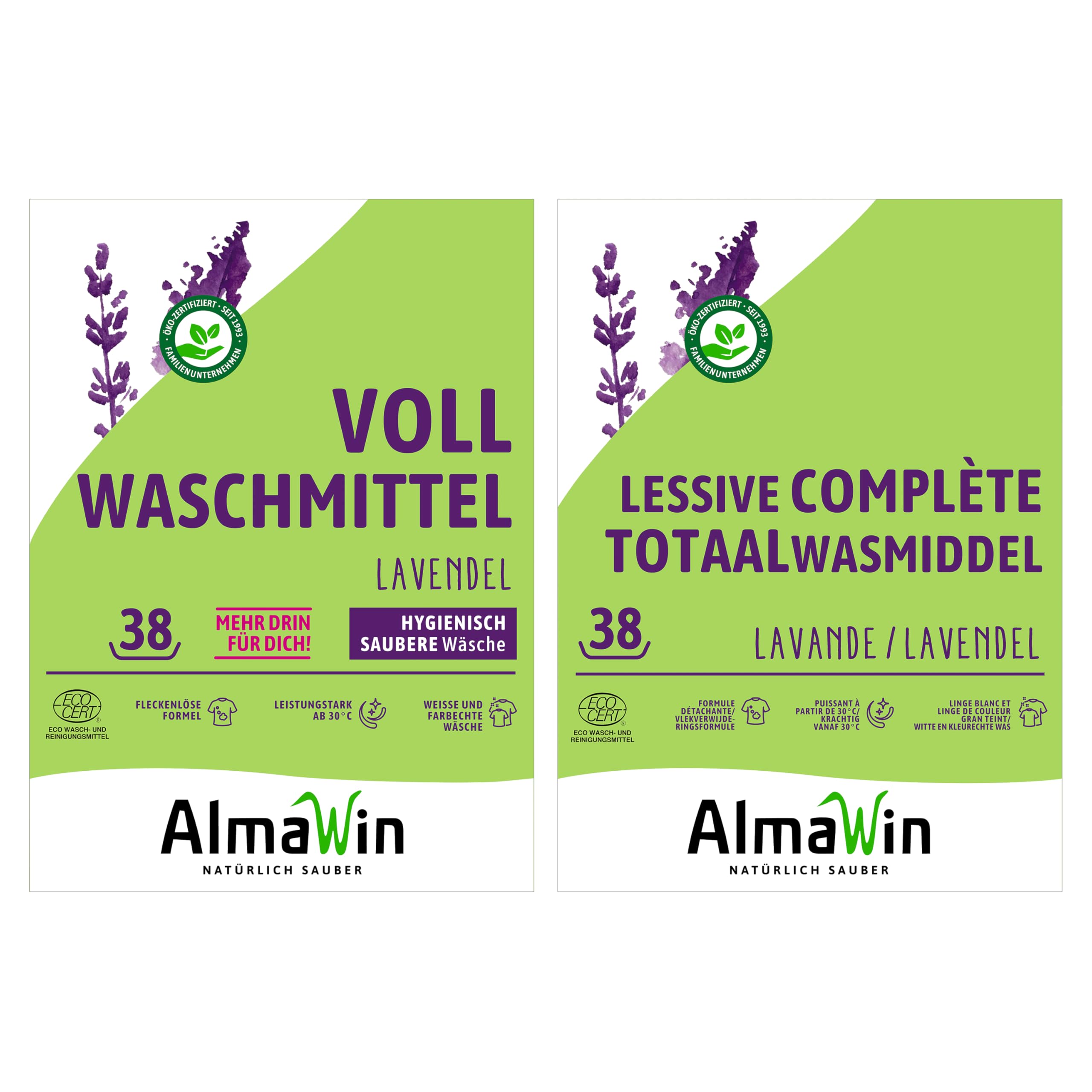 AlmaWin® Vollwaschmittel Pulver [6x 2kg - 228 Ladungen] mit Lavendel-Duft für strahlende Reinheit - Waschmittel Pulver für alle weißen & farbechten Textilien [30-95°C] - Veganes Voll-Waschpulver