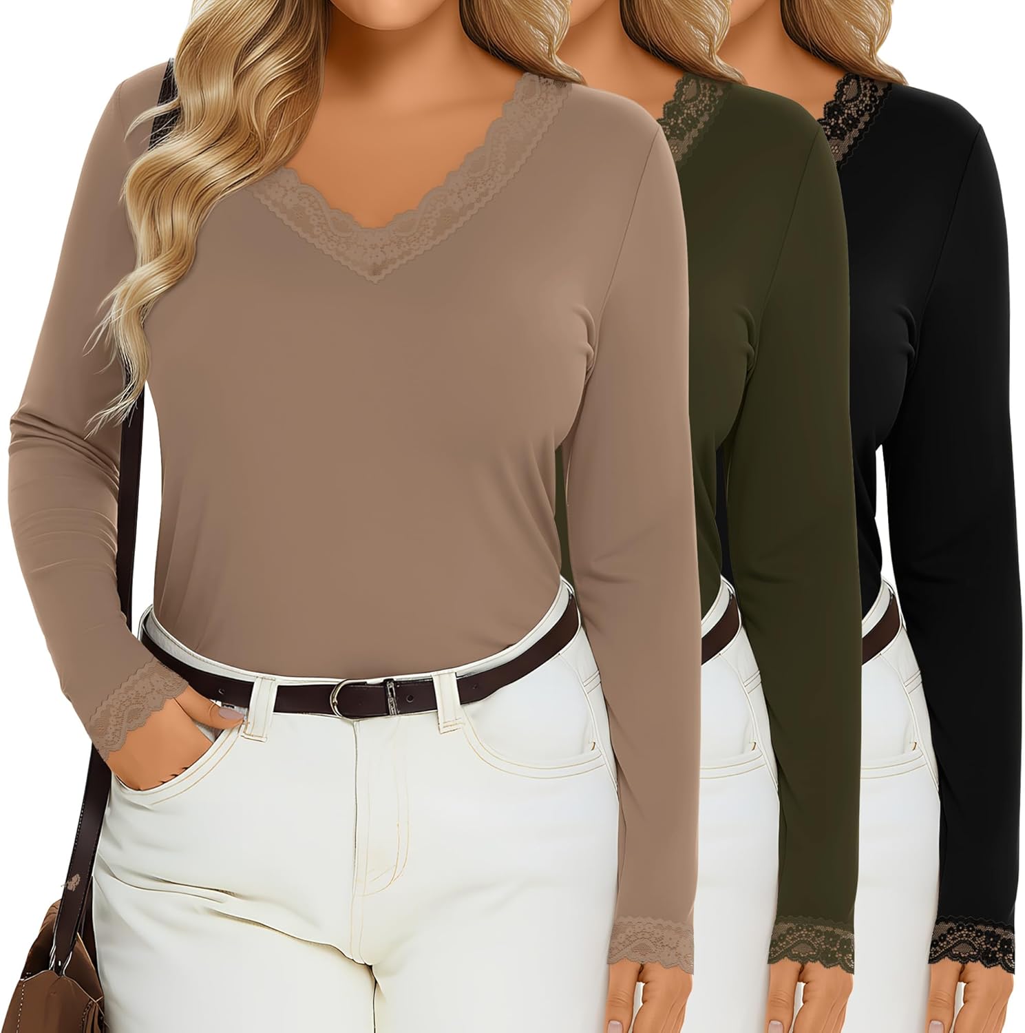 3 Pack Women's Plus Size Long Sleeve T-Shirts, Lace V Neck Loose Fit Tops Casual Fall Shirts Basic tee for Leggings