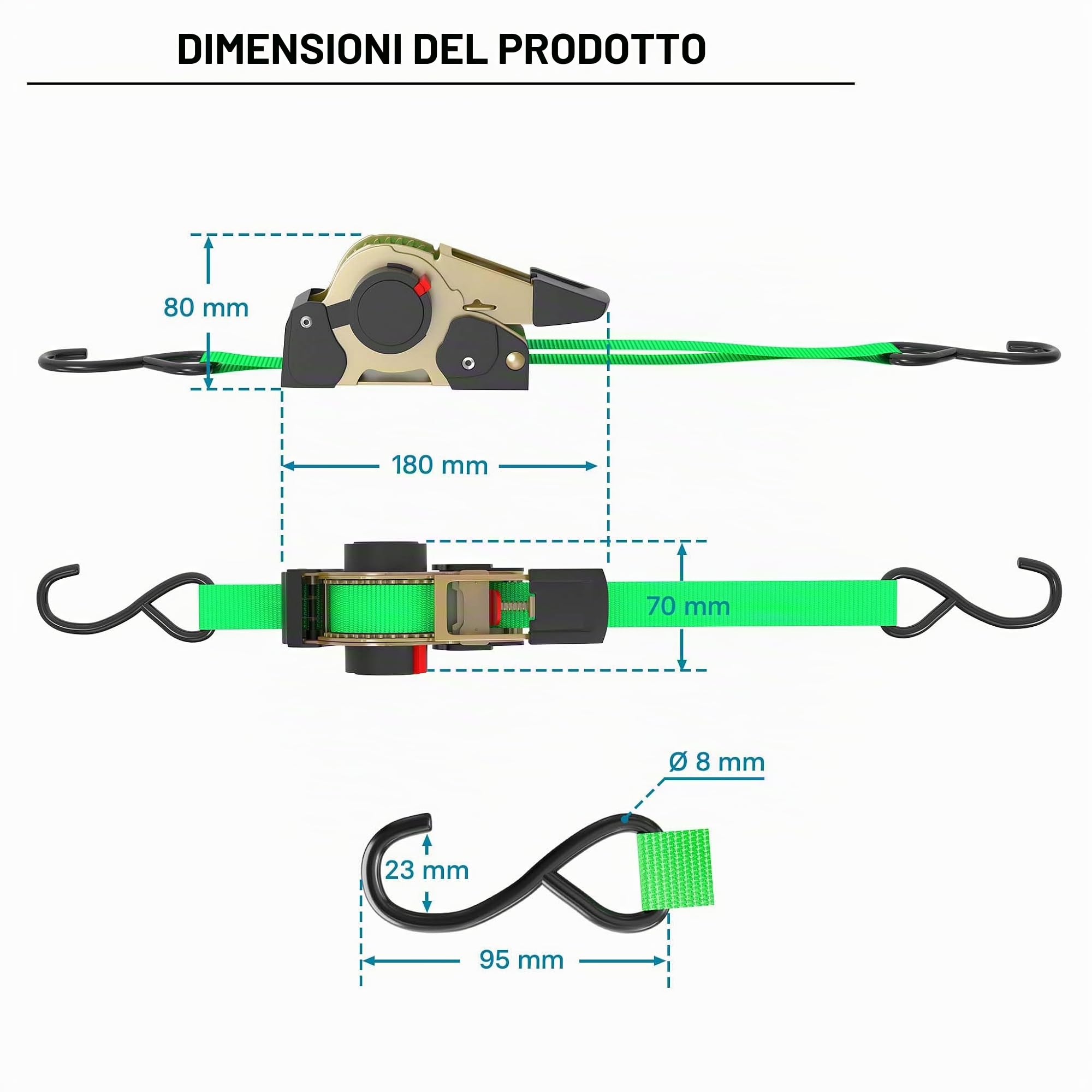 Cinghia di ancoraggio a cricchetto set 4 cinghie di fissaggio 3 m x 25mm 320 daN