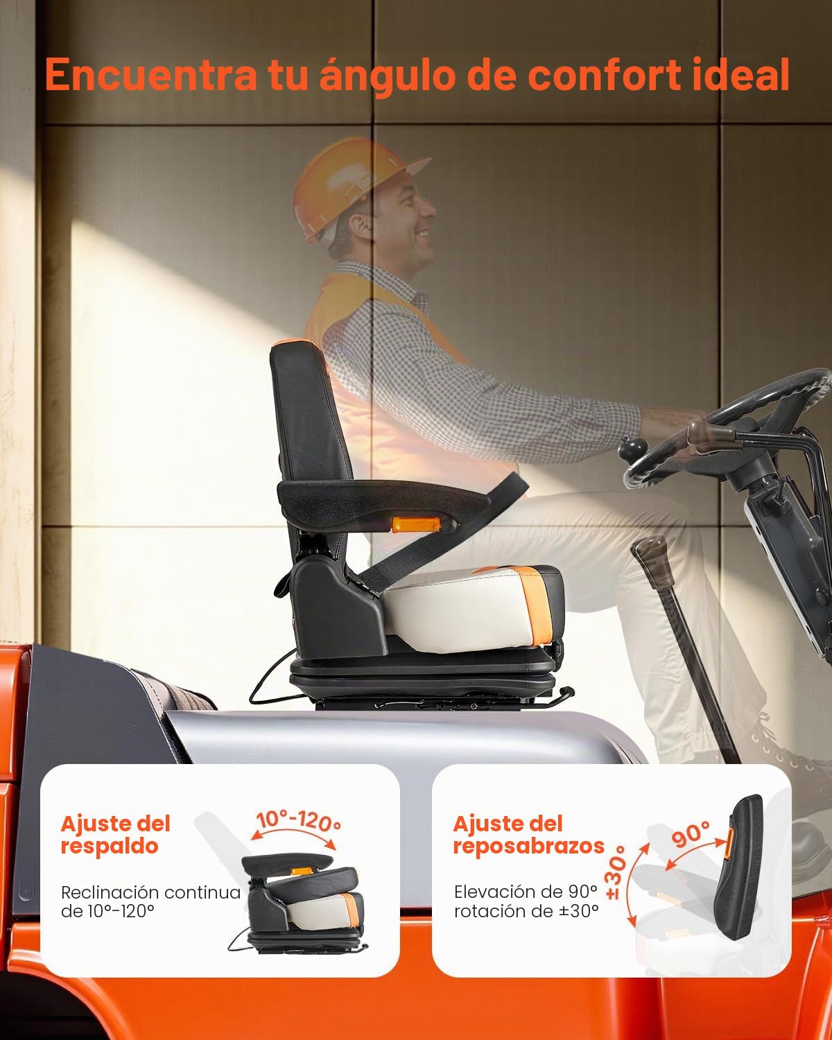 VEVOR Asiento Universal para Carretilla Elevadora 60 x 51 x 64cm, Asiento con Suspensión, Respaldo Ajustable, Reposabrazos y Cinturón de Seguridad, Microinterruptor, para Cortadora de Césped, Tractor