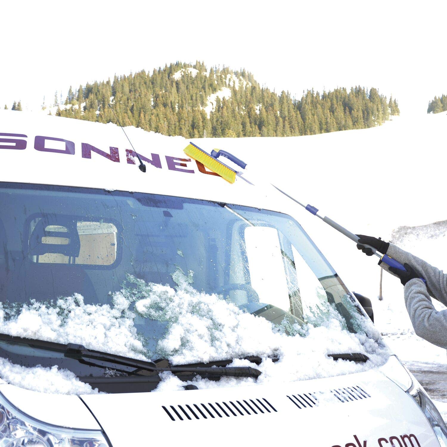 Sonneck Snowmaster Eiskratzer S1400-2in1 Schneebesen Auto - 2x Eiskratzer mit Besen 1000-1400mm ausziehbar + 2x Winterhaube + 2x Winter Arbeitshandschuhe Gr.8/10