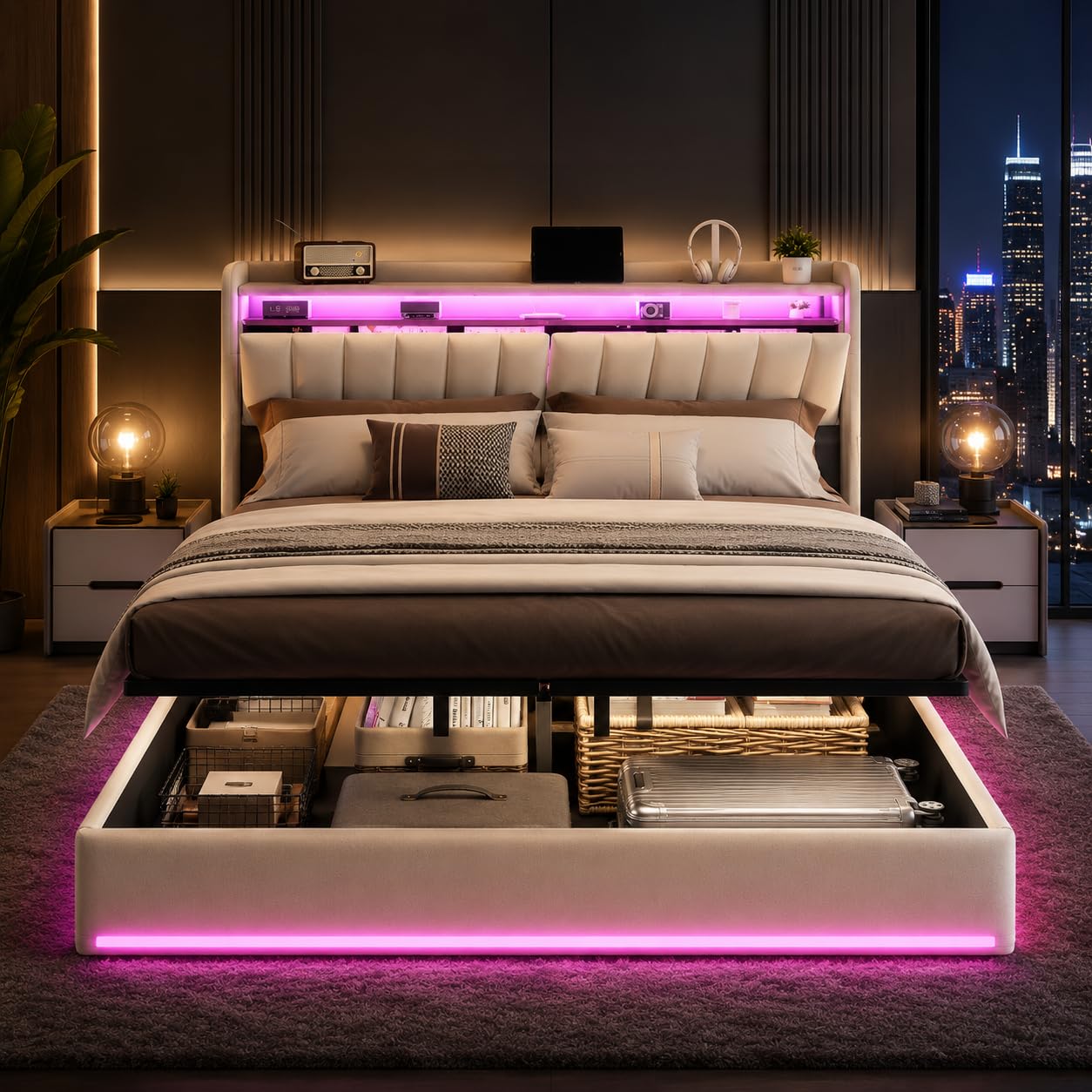Cama acolchada para cama doble de 160 x 200 cm con LED, cama con espacio de almacenamiento, 160 x 200 cm, cama de almacenamiento hidráulica con cajón, cama funcional con espacio de almacenamiento
