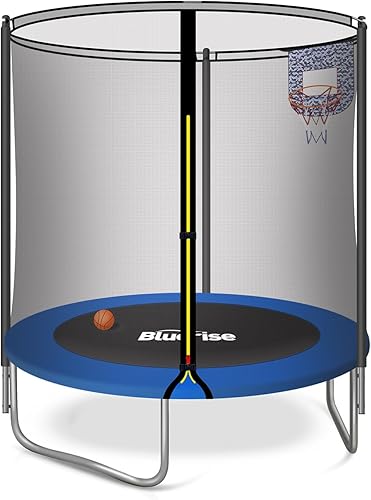 Miniatura 9 de BLUERISE Trampolín infantil de 55 pulgadas y 6 pies para jugar en interiores y exteriores, para niños, trampolín, aro de baloncesto con red de Azul