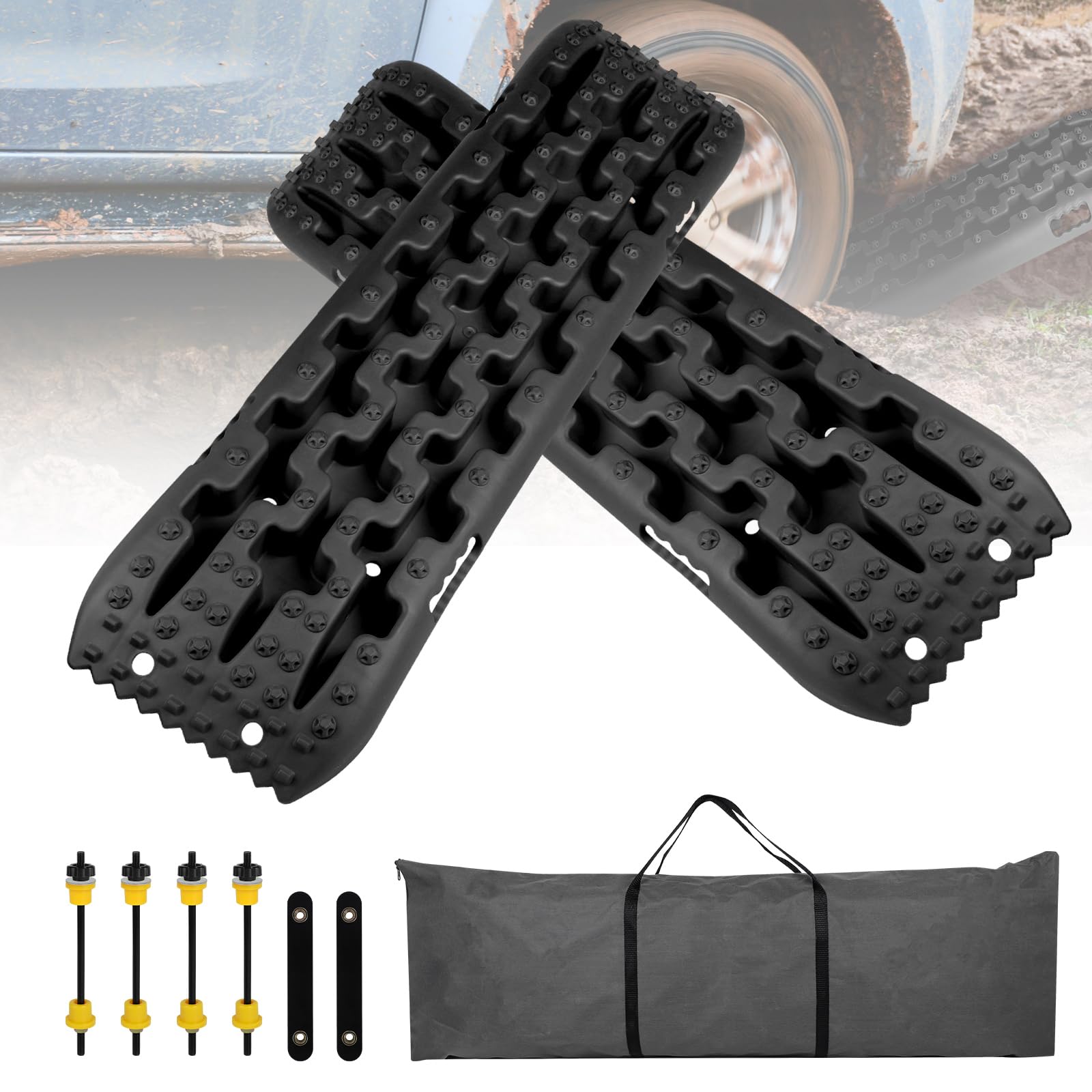 EXLECO 2Pcs Plaque Desensablage Tapis de Traction Tout Plaque de Désenlisement Camping Car Tapis de Traction en Plastique Accessoire Off Road Planche de Récupération pour Boue Sable Neige Noir