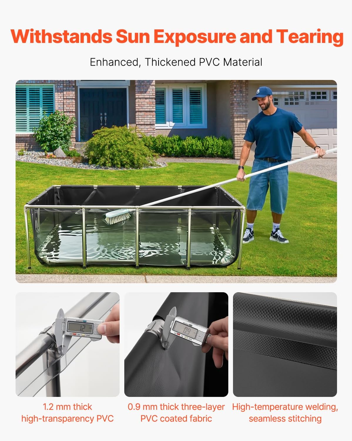 Happybuy 470-Gallon Black Koi Pond - Above Ground PVC Fish Tank with Clear View Window, Stainless Steel Frame & Drain Valve for Goldfish Breeding & Irrigation