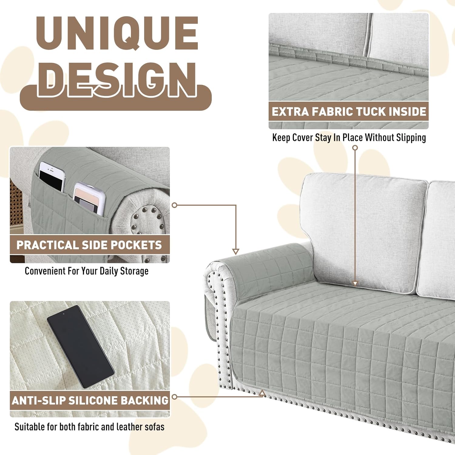 MAXIJIN Waterproof Loveseat Covers for Dogs Washable, Quilted Love Seat Couch Covers 2 Cushion Couch with Side Pockets, Non-Slip Furniture Protector for Pets Kids (Loveseat, Light Gray)