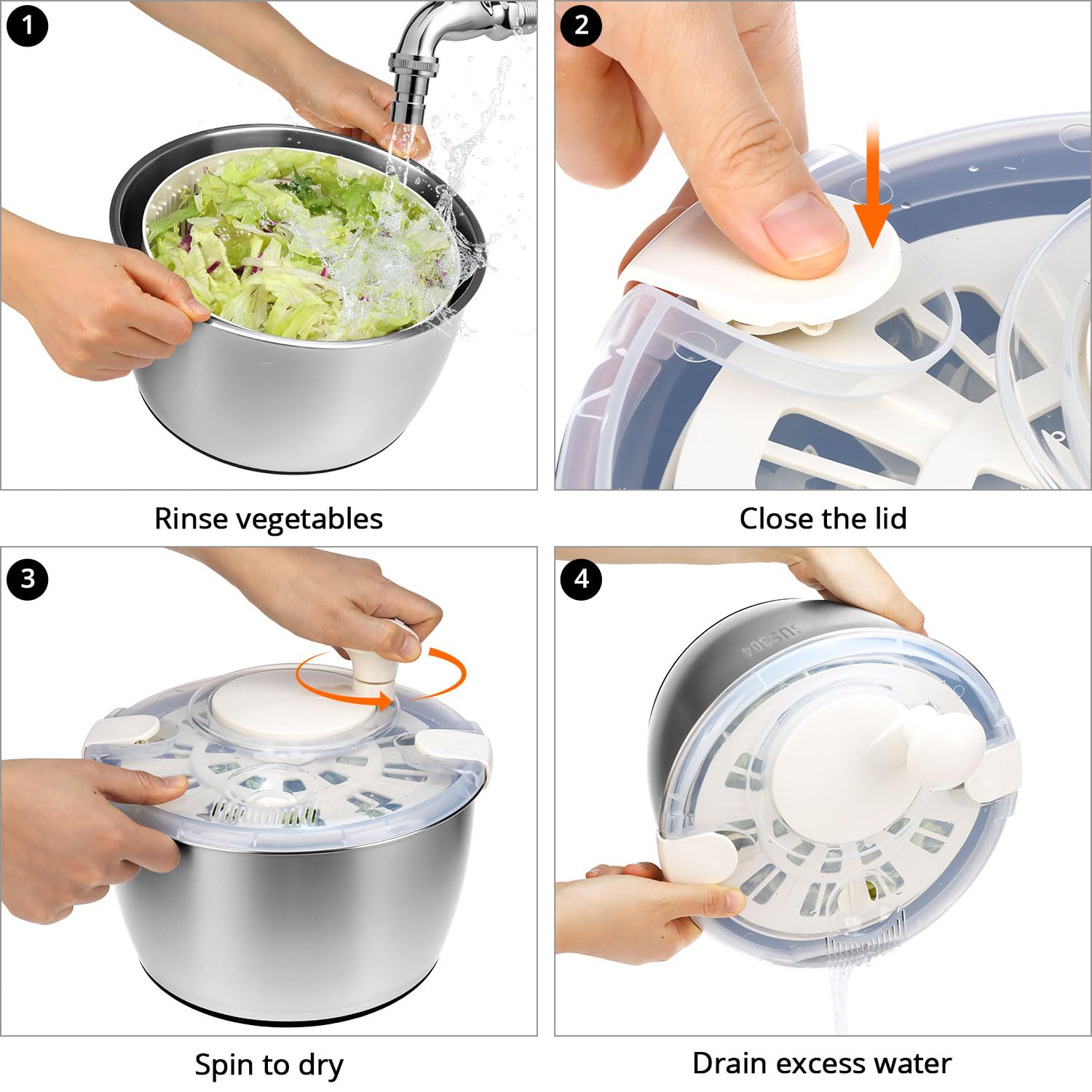 QWORK® Essoreuse à Salade 4,5L en Acier Inoxydable304 - avec Poignée Manivelle et Base Antidérapante, Lavable au Lave-Vaisselle