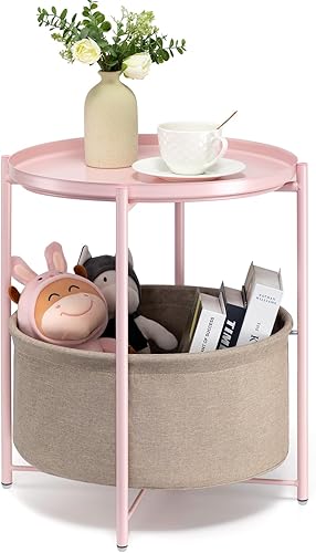 danpinera Mesa auxiliar redonda con cesta de almacenamiento de tela, mesa auxiliar de metal pequeña, mesita de noche con bandeja extraíble para sala