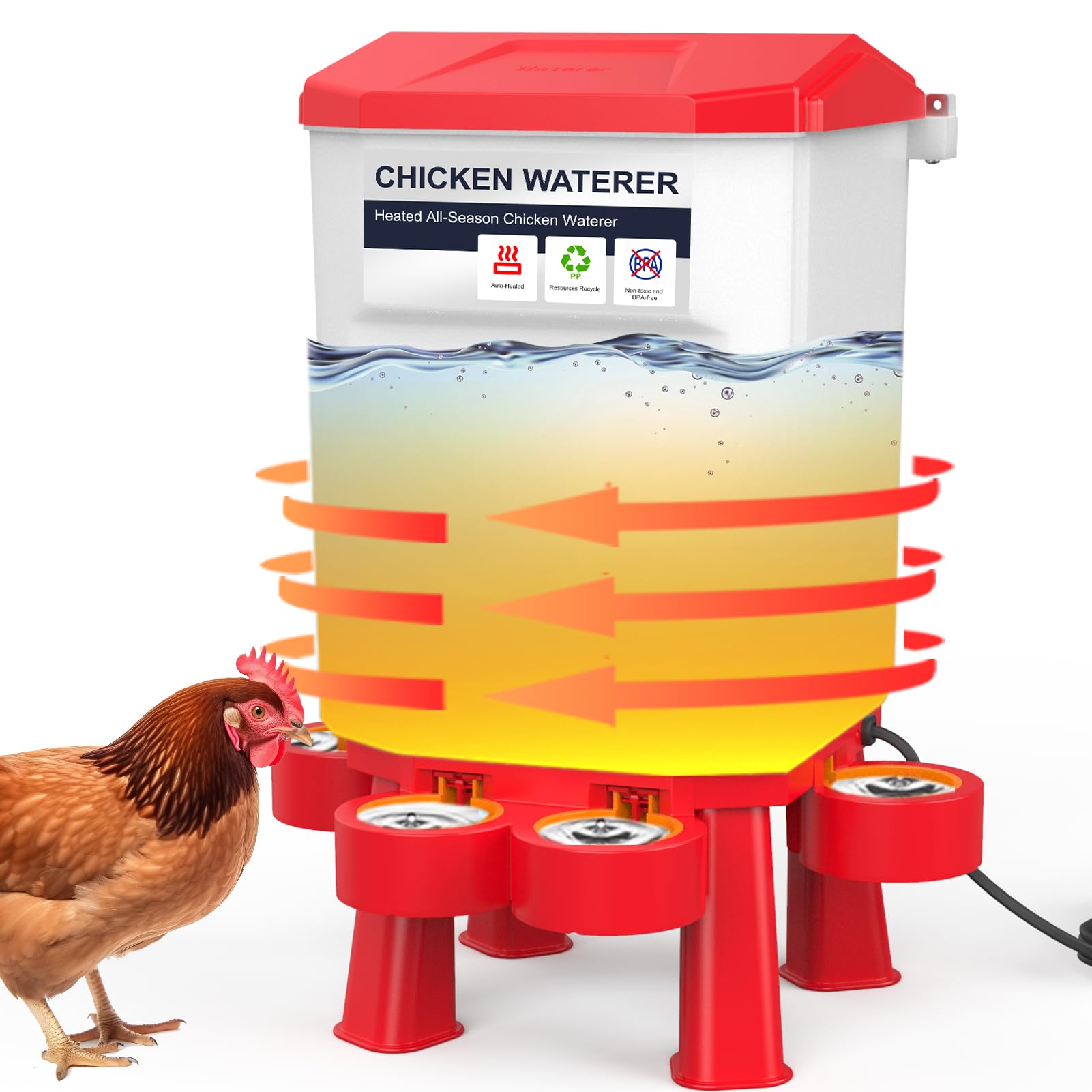 Photo 1 of Hanging Heated Chicken Waterer, 2 Gallon Plastic Chicken Water Heater Heated Poultry Drinker, Detachable Legs, Winter and Summer Dual-use, Poultry Water Heater for Chicken Goose Duck - Red