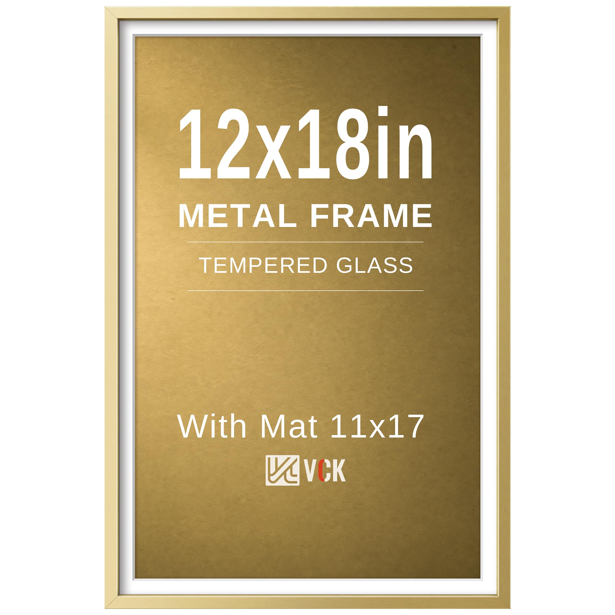 VCK 12x18 Frame Gold Metal, Real Glass, 11x17 Mat, for Poster Print
