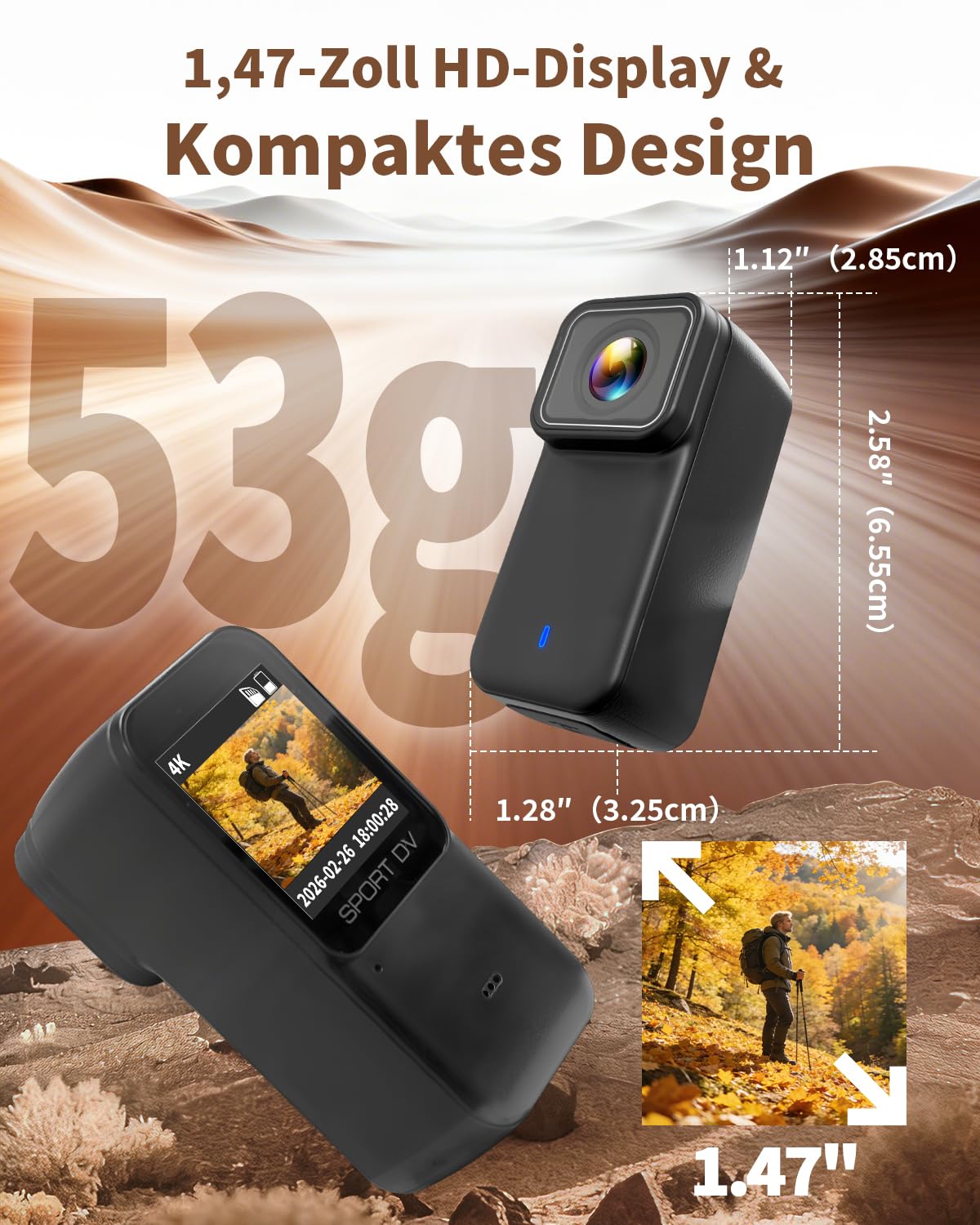 Neu Action Cam 4K/2K/1080P mit 64GB SD Karte &1,47 Zoll Display, Bodycam Körperkamera mini Magnetische Wasserdicht 30M & 180 Min Akku for Dashcam Fahrrad, Vlog, Ski, POV Kamera