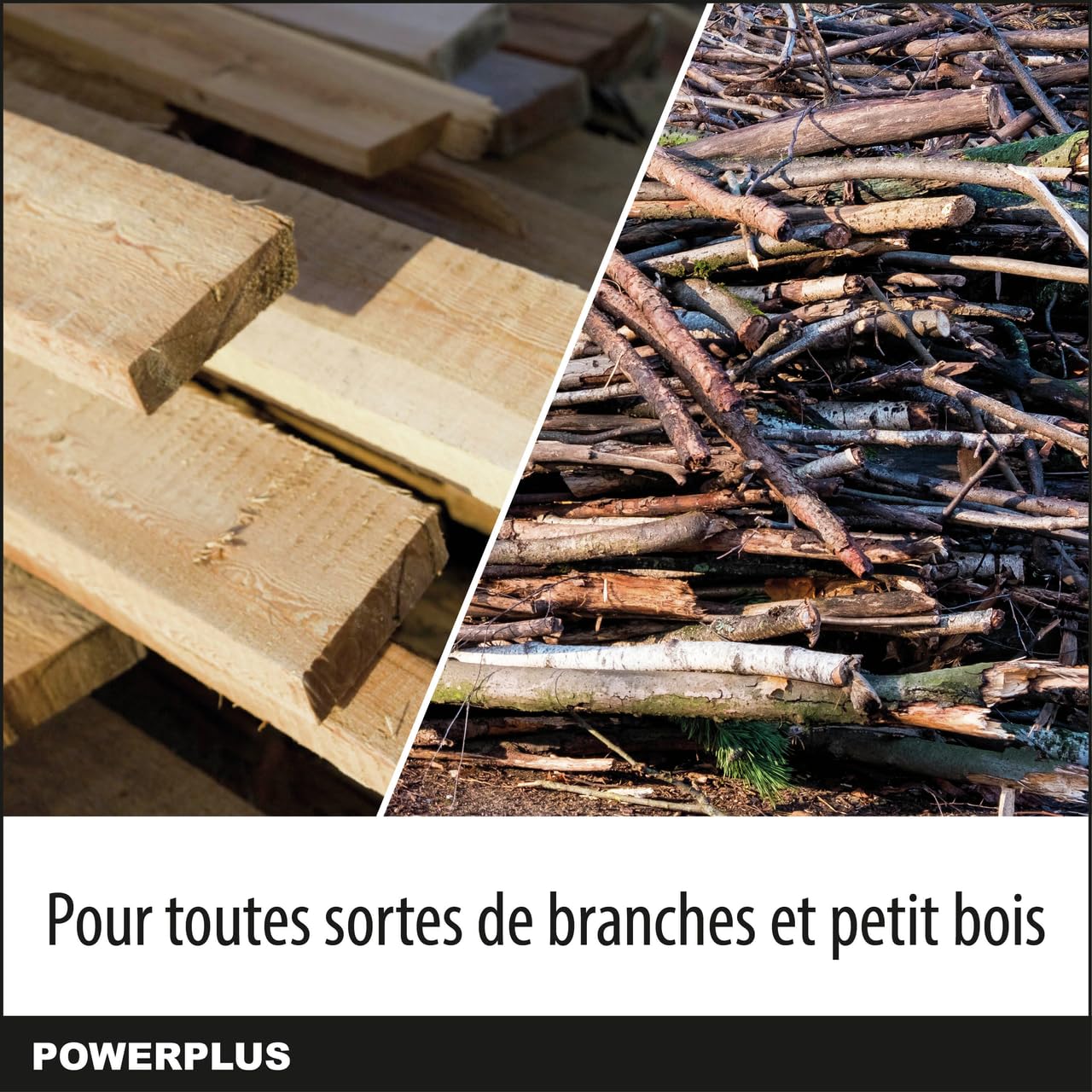 Image showing various types of small wood and branches, indicating the POWERPLUS chainsaw's suitability for these materials