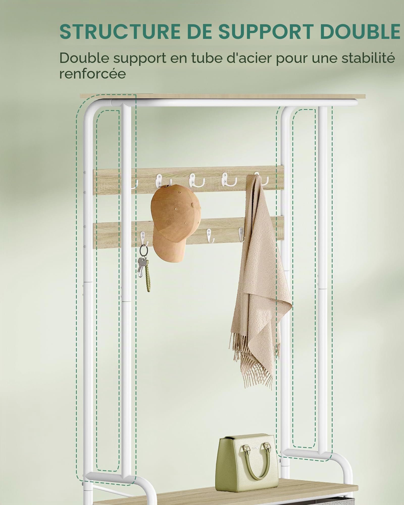 Hzuaneri Porte-Manteau avec 2 Tiroirs en Tissu, 9 Crochets, Chêne et Blanc | Meuble d'Entrée avec Porte-Chaussures, 30 x 80 x 180 cm, Moderner, Autonome pour Couloir, Séjour, Chambre, HT20116W