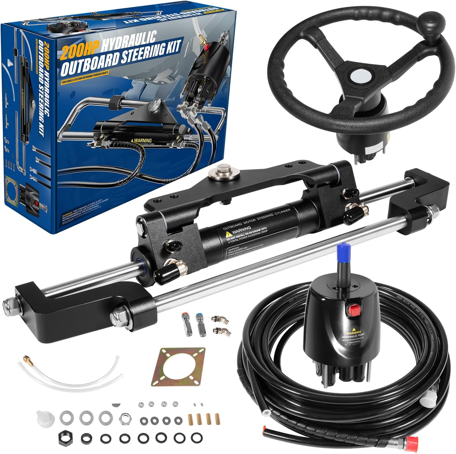200HP Hydraulic Outboard Steering Kit Marine Boat System with Steering Wheel, Built-in Two-Way Lock Hydraulic Cylinder, Helm Pump, 26FT Nylon Hoses, Fit for Yamaha, Suzuki, Honda, Mercury...