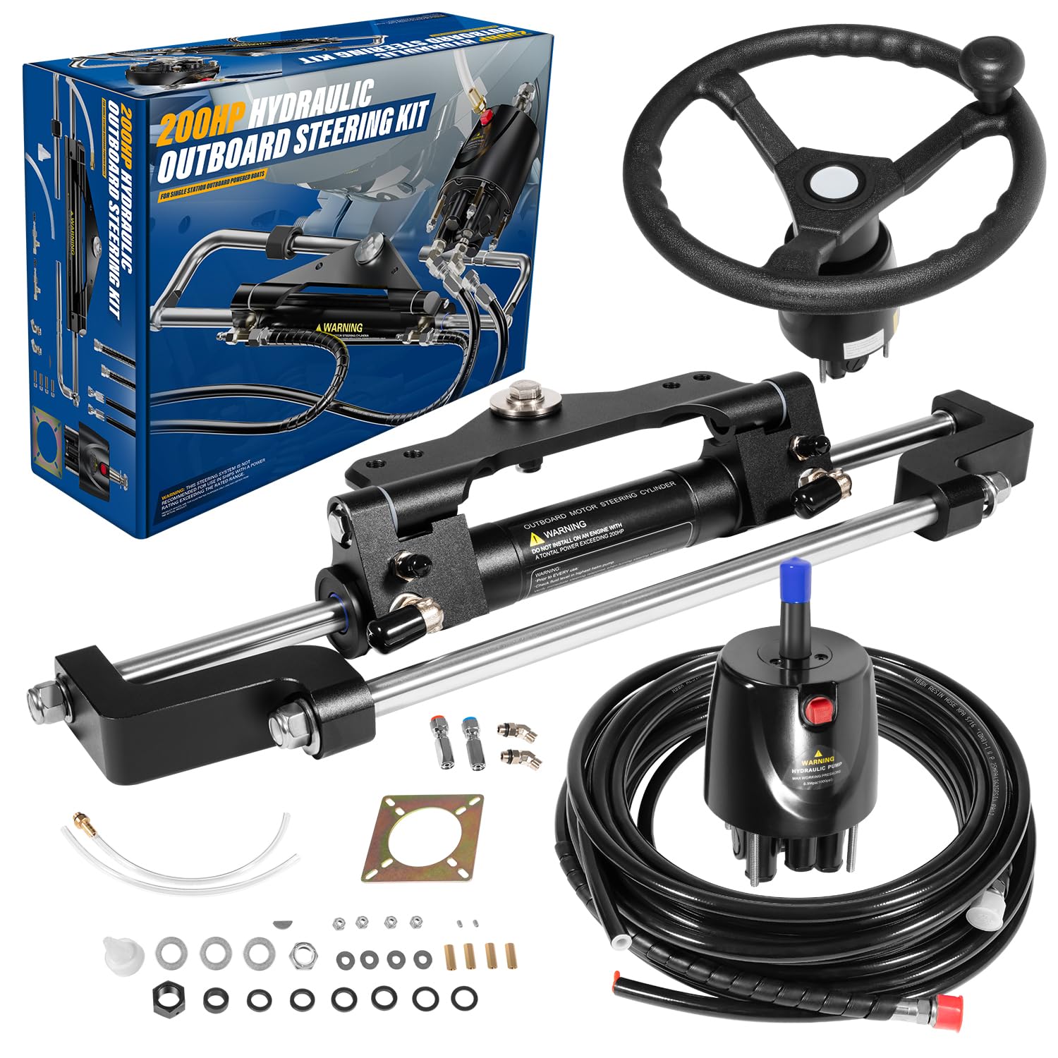 200HP Hydraulic Outboard Steering Kit Marine Boat System with Steering Wheel, Built-in Two-Way Lock Hydraulic Cylinder, Helm Pump, 26FT Nylon Hoses, Fit for Yamaha, Suzuki, Honda, Mercury...