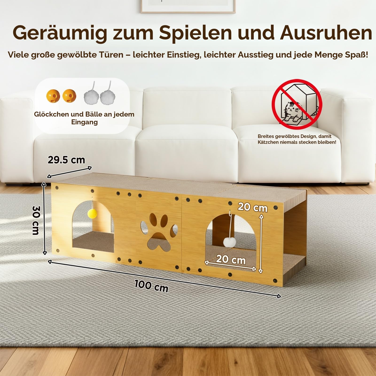 Gimars 100x30x30 cm Kratzbrett Katzen mit Spielball,Tunnel, Kratzpappe für Katzen groß XXL Katzenhaus Pappe, Kratzmöbel als Möbelschutz Indoor