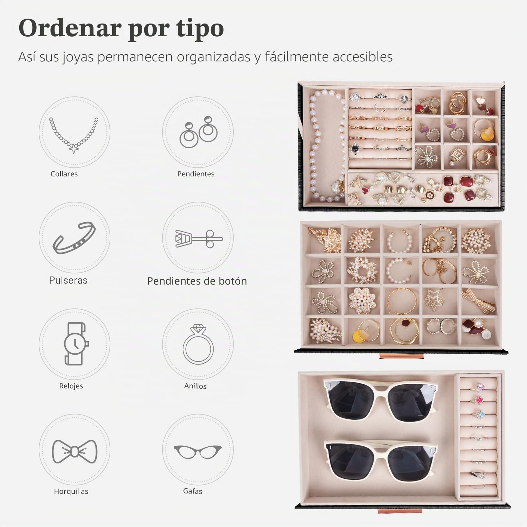 Dajasan Joyero Mujer, Joyero Grande, Organizador Joyas 2 Cajones, Joyeros para Collares, Anillos, Pendientes, Pulseras, Idea Regalo (Negro)