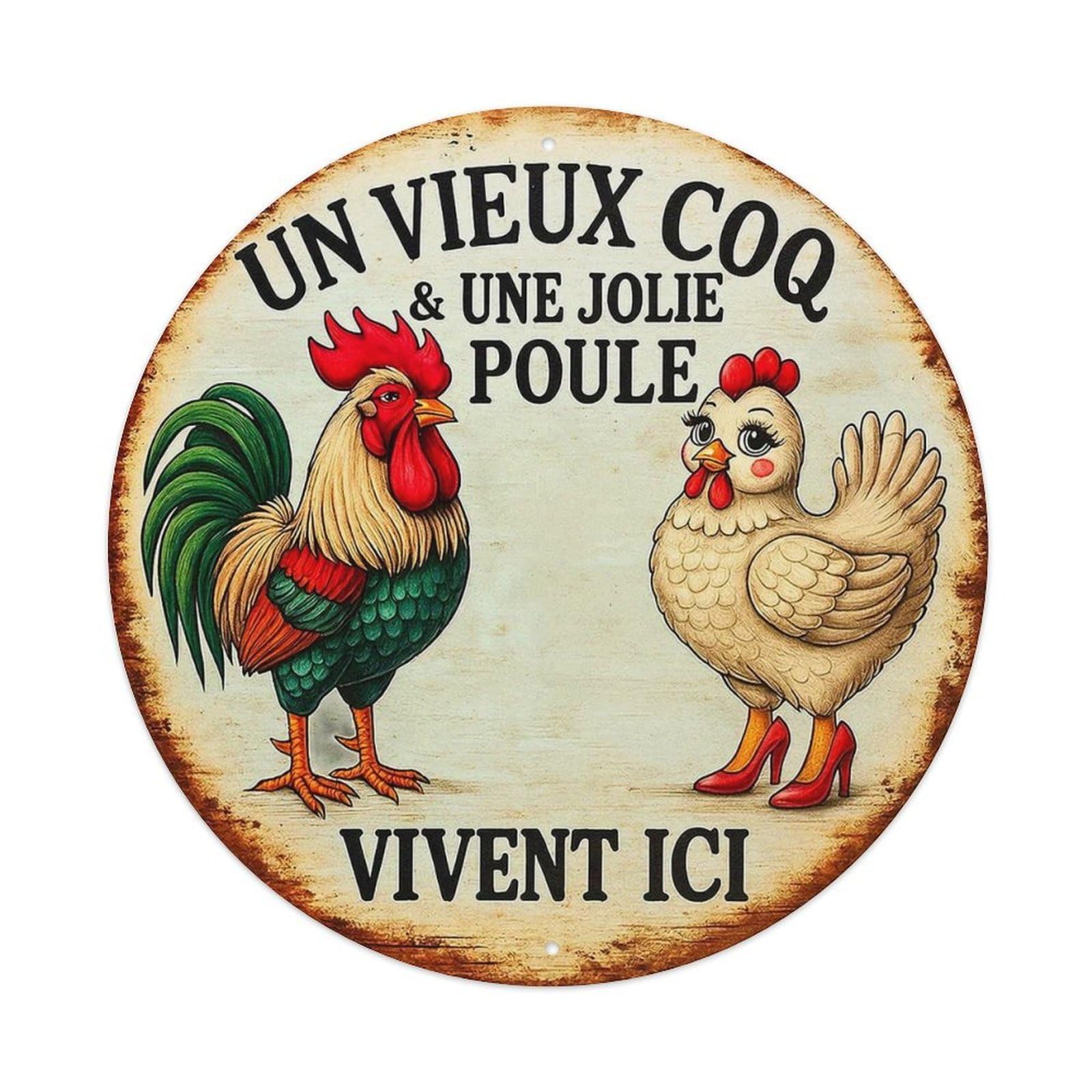 Rooster And Hen Sign Art Vintage Round Tin Sign Retro Metal Wall Decor Metal Poster, Home Bar Garage Cafe Wall Art Decoration 8x8Inches