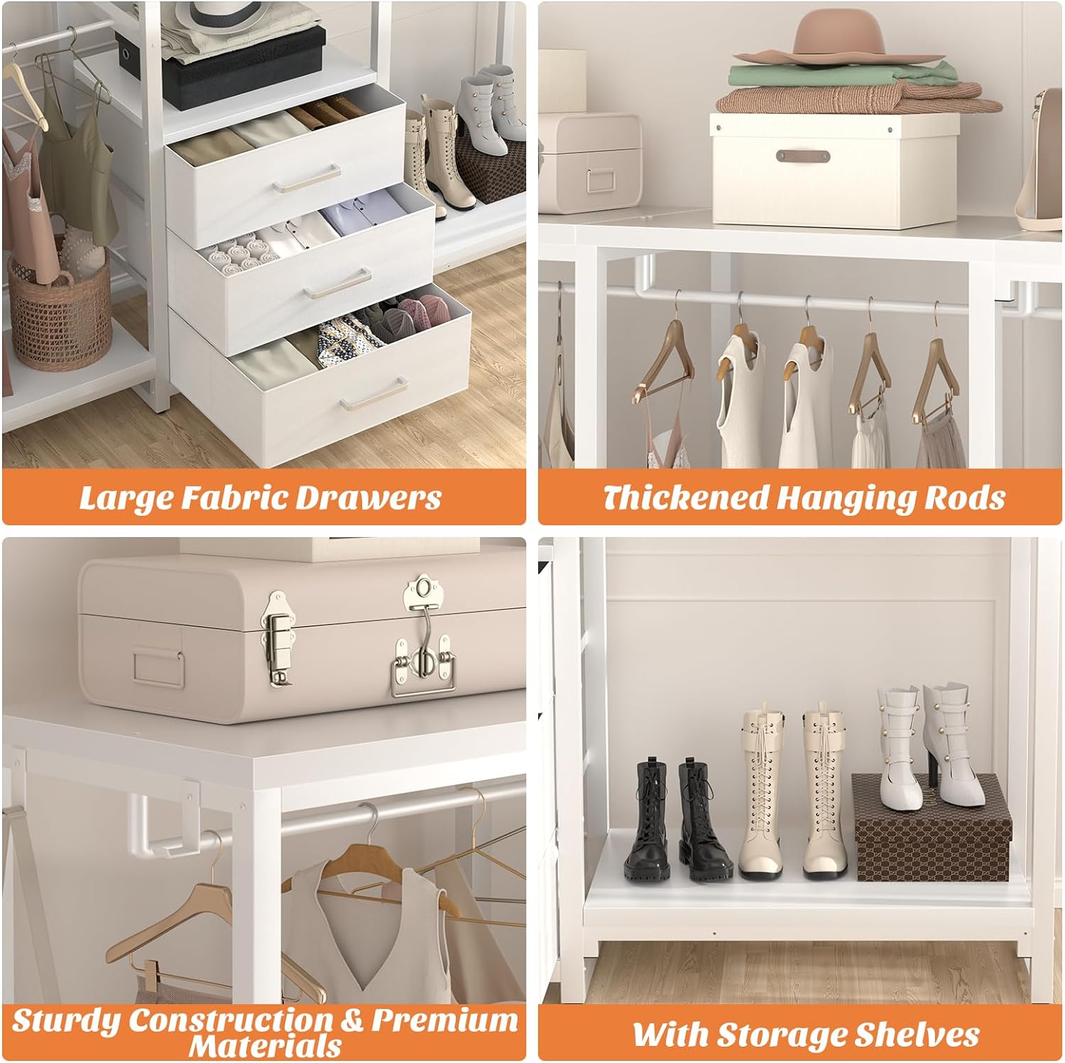 Collage of close-up images showing key features: large fabric drawers, sturdy construction with premium materials, thickened hanging rods, and dedicated storage shelves for shoes and accessories.