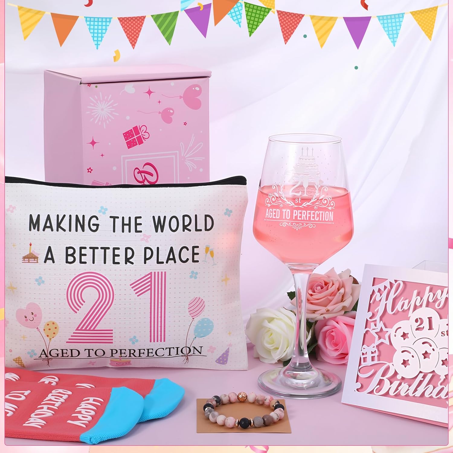 6 Pcs 21st Birthday Gifts with Wine Glasses Funny Gifts for Women Friends Sisters Daughters Turning 21