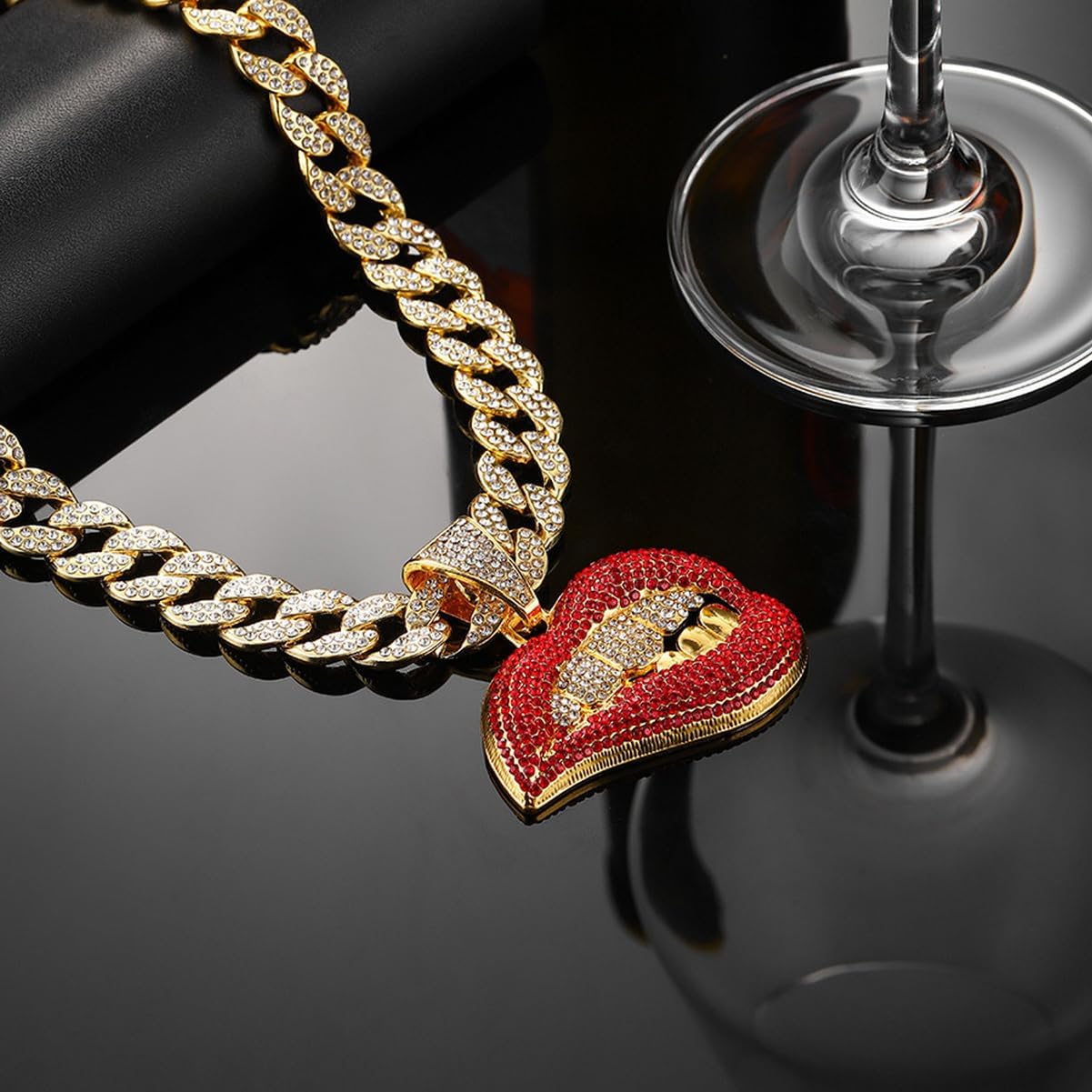 Chunky Bling Iced Out Cuban Link Chain Necklace Choker for Men Women,Large Sparkly Fake Diamond Chain Biting Lips Pendant,Miami Rhinestone Necklace Hip Hop Cool Punk Jewelry