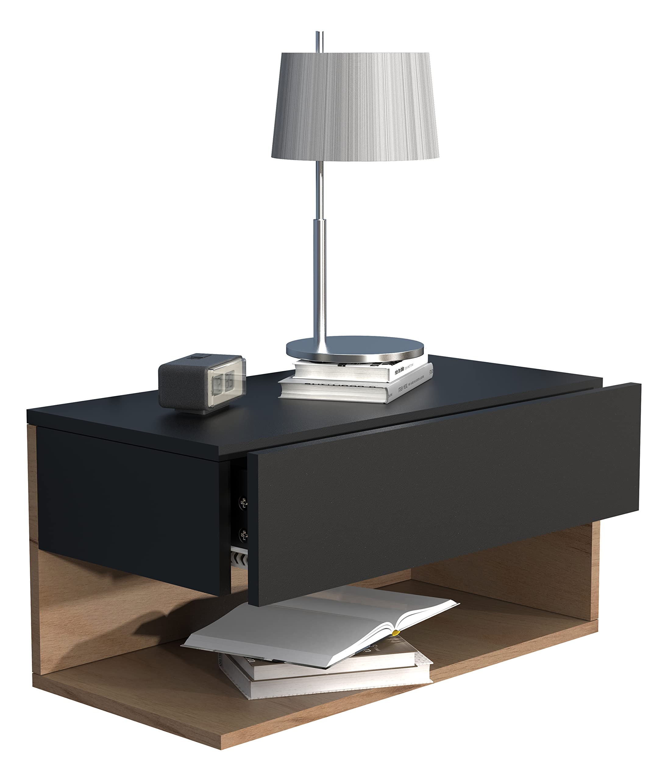 VCM Nachtschrank | Wandschublade | Wandboard | Nachttisch |Maße ca. H. 30 x B. 60 x T. 32 cm - Usal XL 60 cm Schwarz/Honig-Eiche