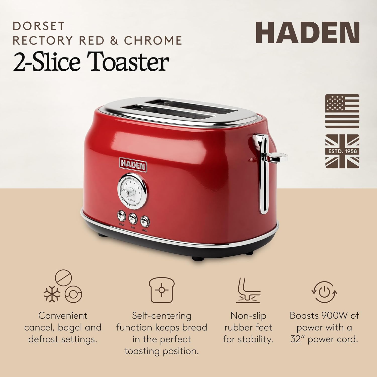 Haden Dorset 2 Slice Wide Slot Stainless Steel Toaster with Adjustable Browning Control & Non-Slip Feet, Rectory Red