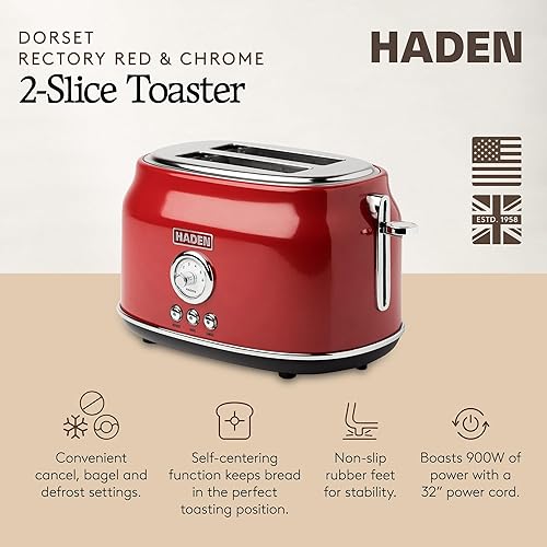 Miniatura 2 de Haden Dorset - Tostadora de acero inoxidable de 2 rebanadas de ranura ancha con control de tostado ajustable y pies antideslizantes, color rojo Rojo