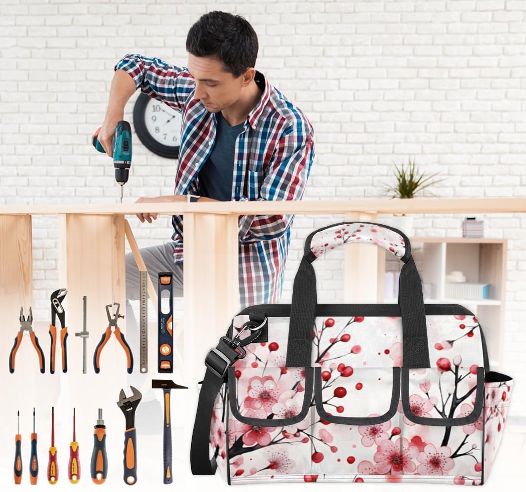 Cartoon Cute Plum Blossom Tool Bag with Multi-Pockets Wide Mouth Tool Tote Bag for Women and Men Waterproof Tool Organizer Storage Bag with Adjustable Shoulder Strap and Ergonomic Handle