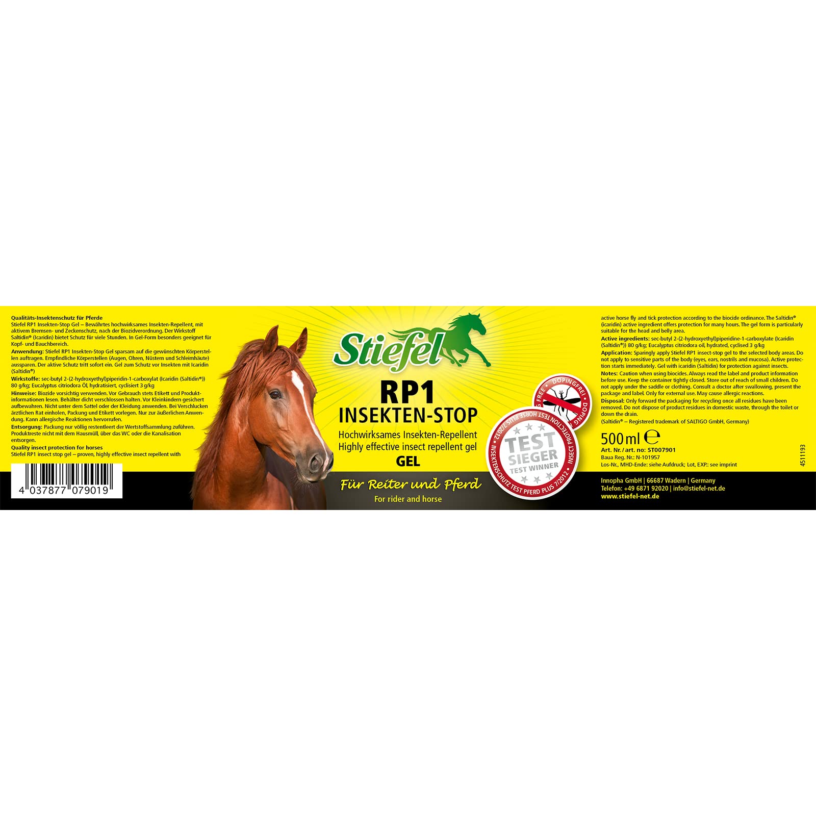 Stiefel RP1 Insetto Stop Gel per Cavalli, Altamente Efficace Repellente per Cavalli e Cavaliere, Quasi inodore, Spray Contro zanzare, Freni, zecche, Diverse Ore di efficacia, 500 ml