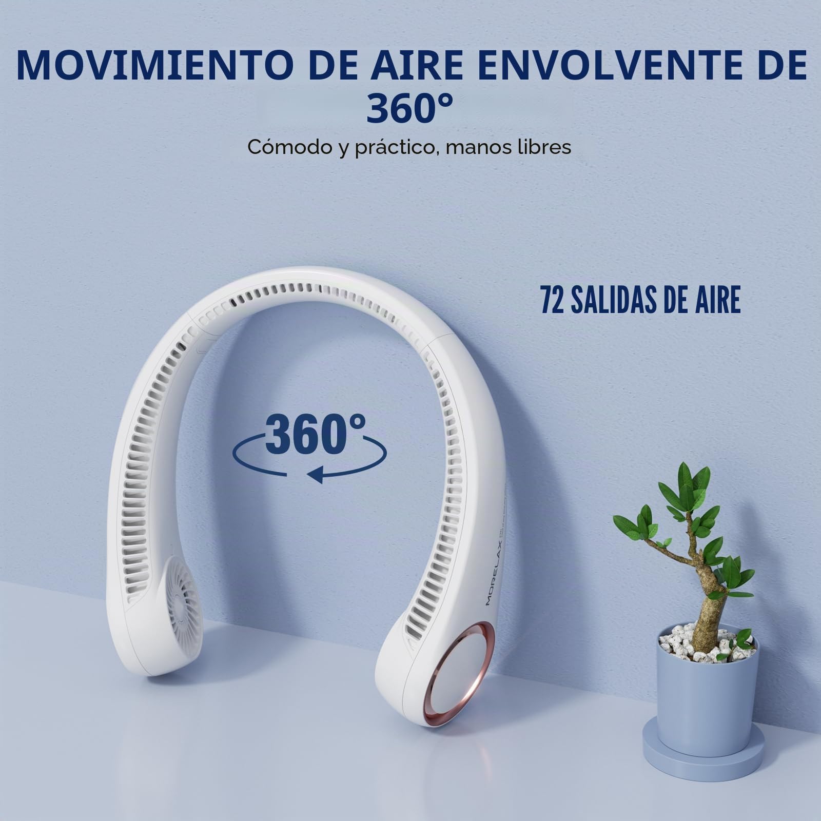Morelax Ventilador de Cuello Portátil Recargable USB, 3 Velocidades Ajustables/Súper Silencioso/Sin Hojas, Diseño 360° para Viajes, Deporte, Oficina y Hogar (Blanco)