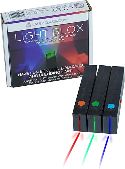 Light Blox - LED Color Mixing Educational Kit for Grades 2-8 (Red Green Blue 3-Pack) - Transforms into Ray Box - Reflection and Refraction Optics Experiments for Kids