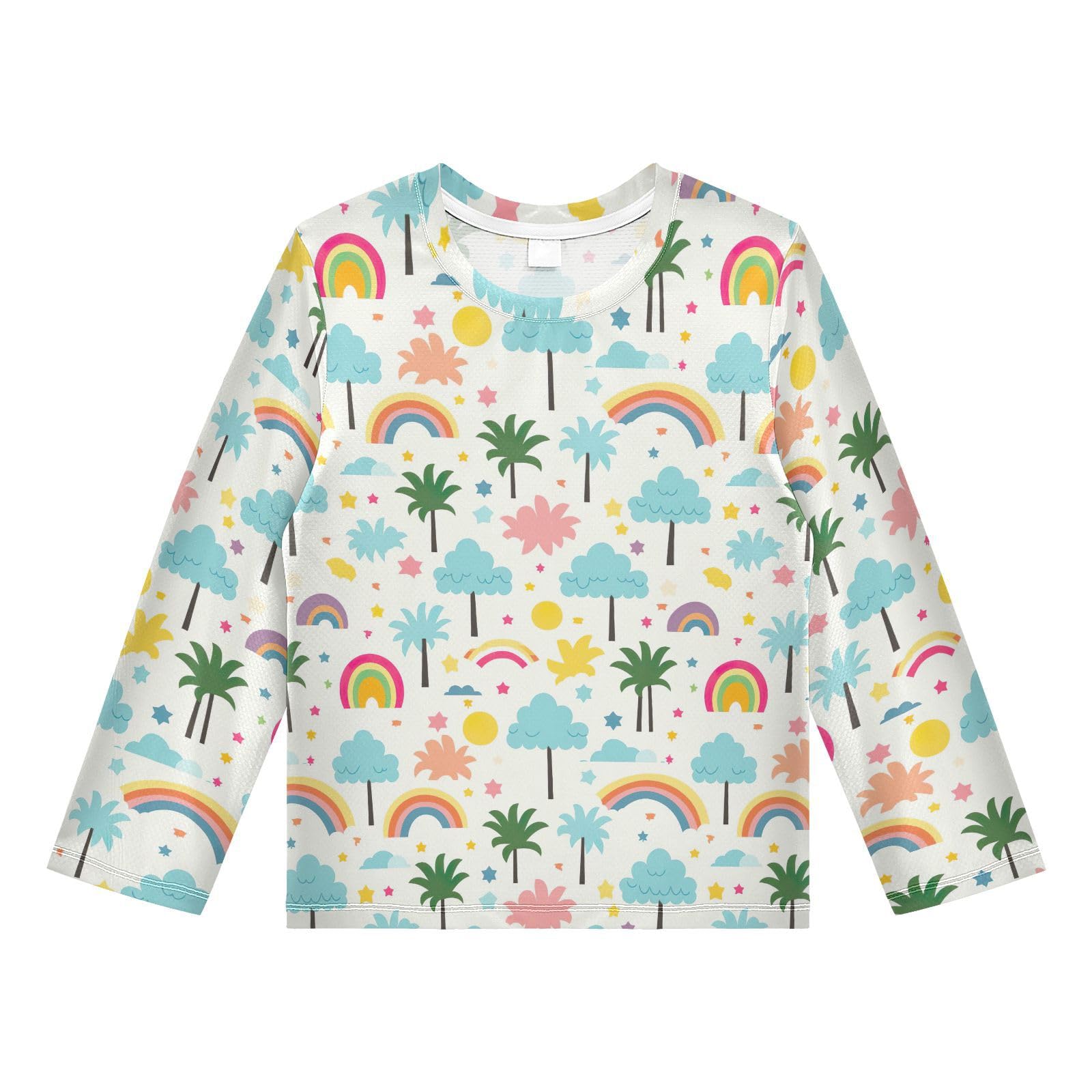 Cartoon Rainbow Tree Pattern Boys Rash Guard Swim Shirts Long Sleeve UPF 50+ Quick Dry Sun Protection Shirt Swimwear Surf Tops for Toddler Kid Fishing Swimming Outdoor 9-10T