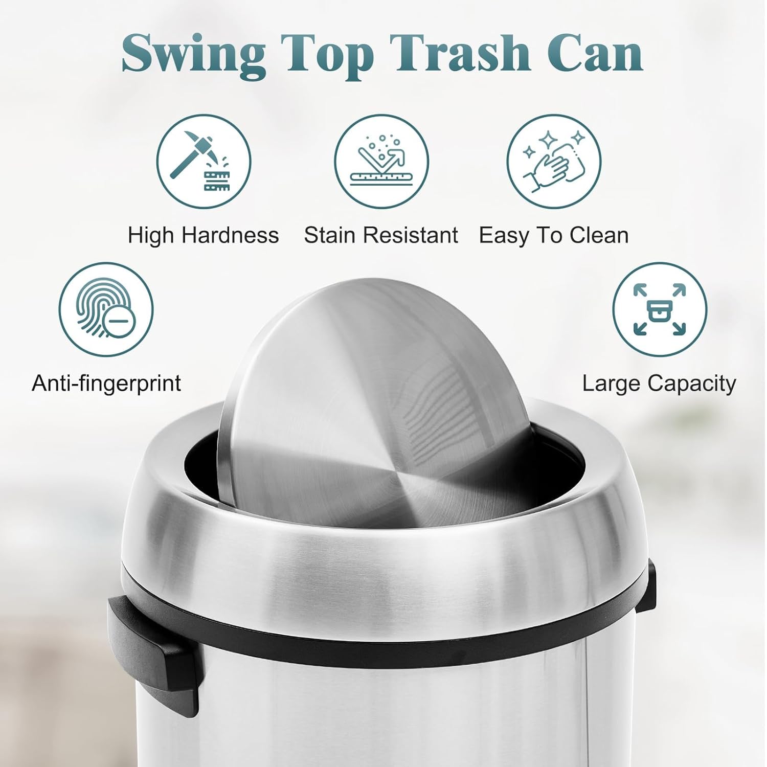 Stainless Steel Trash Can, 17 Gallon Round Garbage Can, Commercial Swing Lid Waste Bin, Office Kitchen Lobby Trash Receptacle