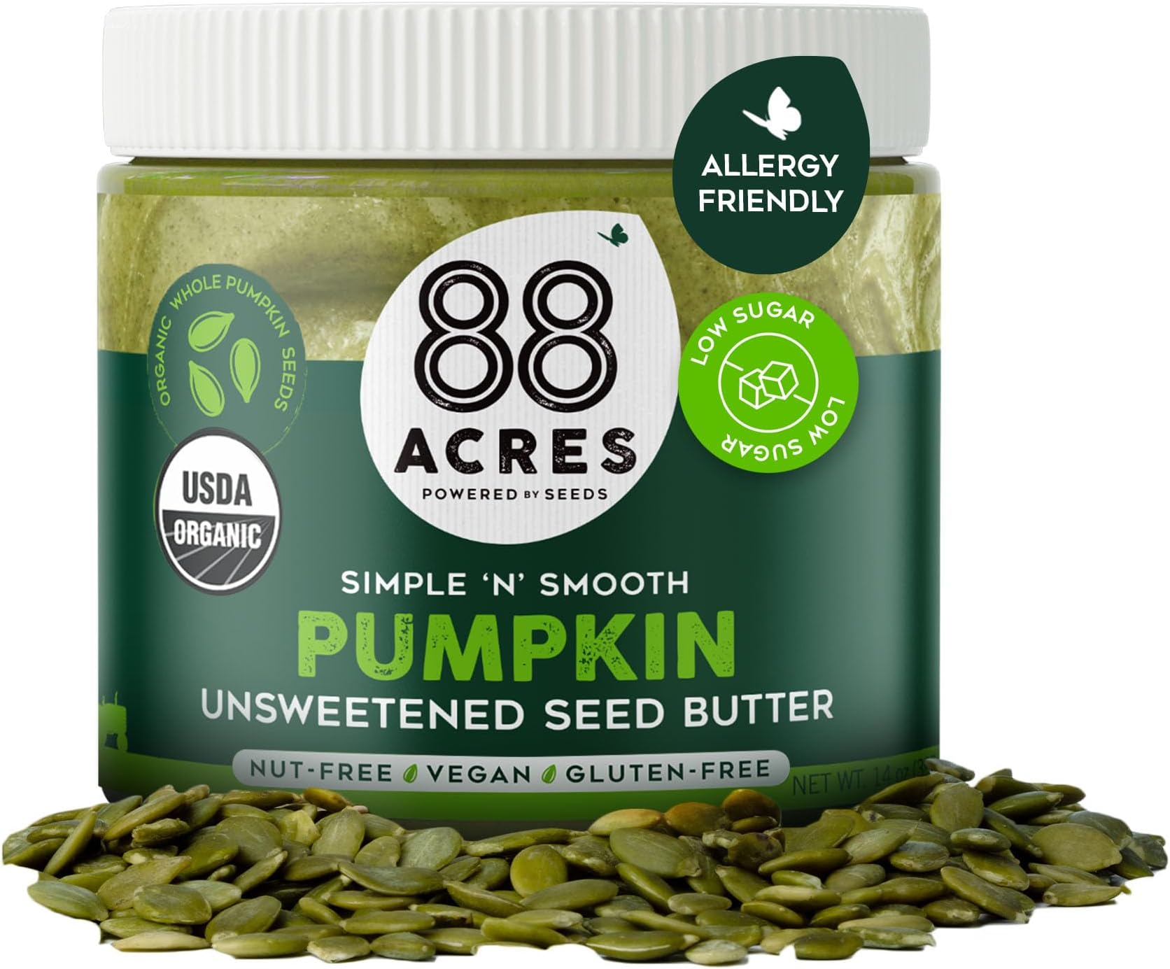 88 Acres Organic Pumpkin Seed Butter, Unsweetened, 14 oz Jar, 2 Pack, Butter Spread with 9g Plant-Based Protein, Gluten Free, Nut Free, Vegan, Non-GMO
