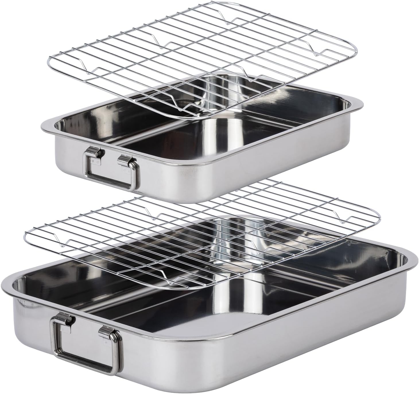 2 Pcs 13"15.4" Stainless Steel Roasting Pans with Handles, Baking Pan for Oven Includes 2 Flat Racks, Dishwasher Safe Rectangular Lasagna Pan for Turkey, Chicken and Roasting, Silver