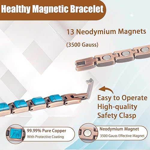 Miniatura 4 de MagVIVACE Pulsera magnética de cobre puro para mujer, 7.68 pulgadas de piedra turca con 15 imanes para túnel carpiano RSI, regalos de joyería para