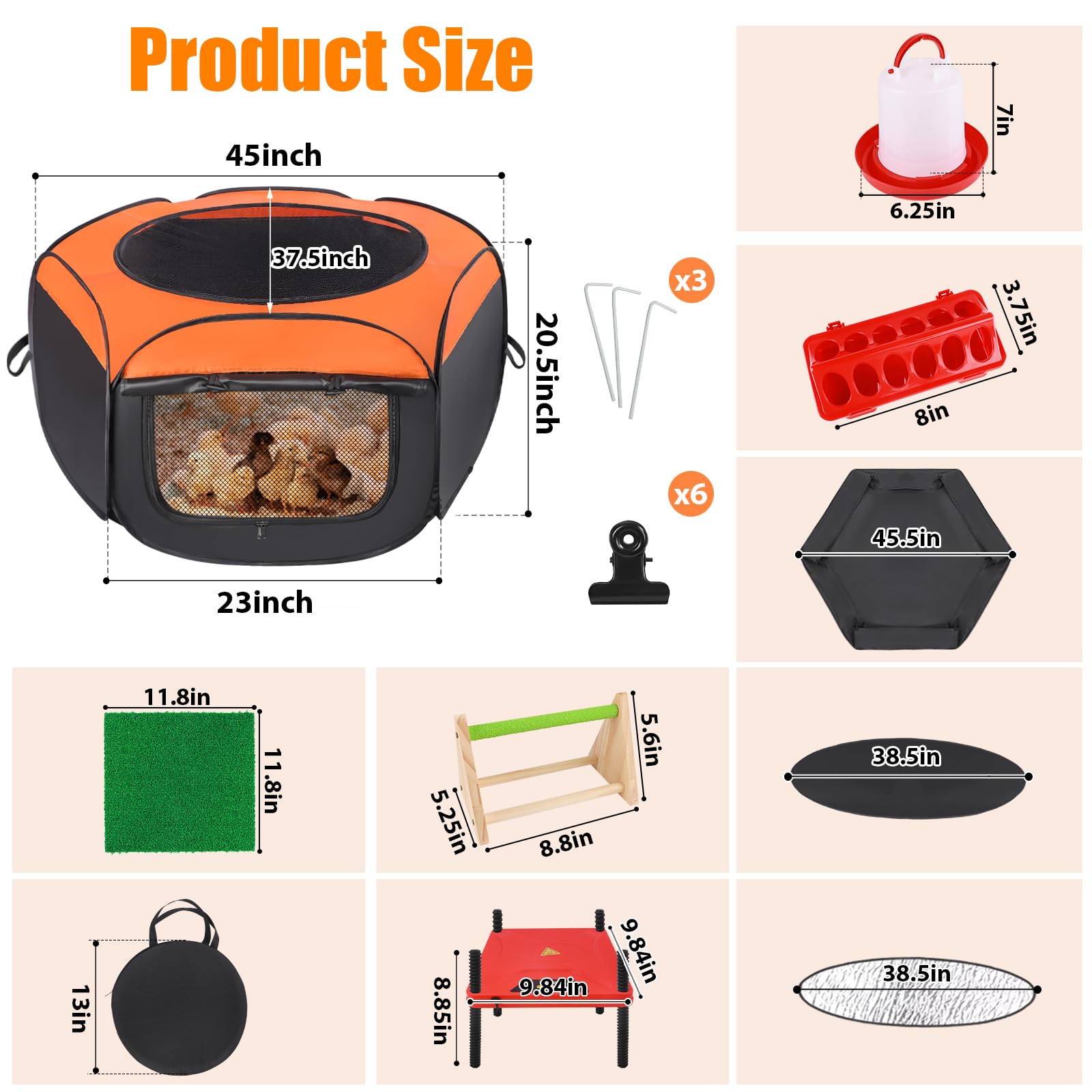 Caja de cría para pollitos, kit de iniciación 6 en 1, incluye placa de calefacción para criadores, corral de pollo para bebés, comedero de pollo, bebedero, perca, almohadilla de anidación (juego de