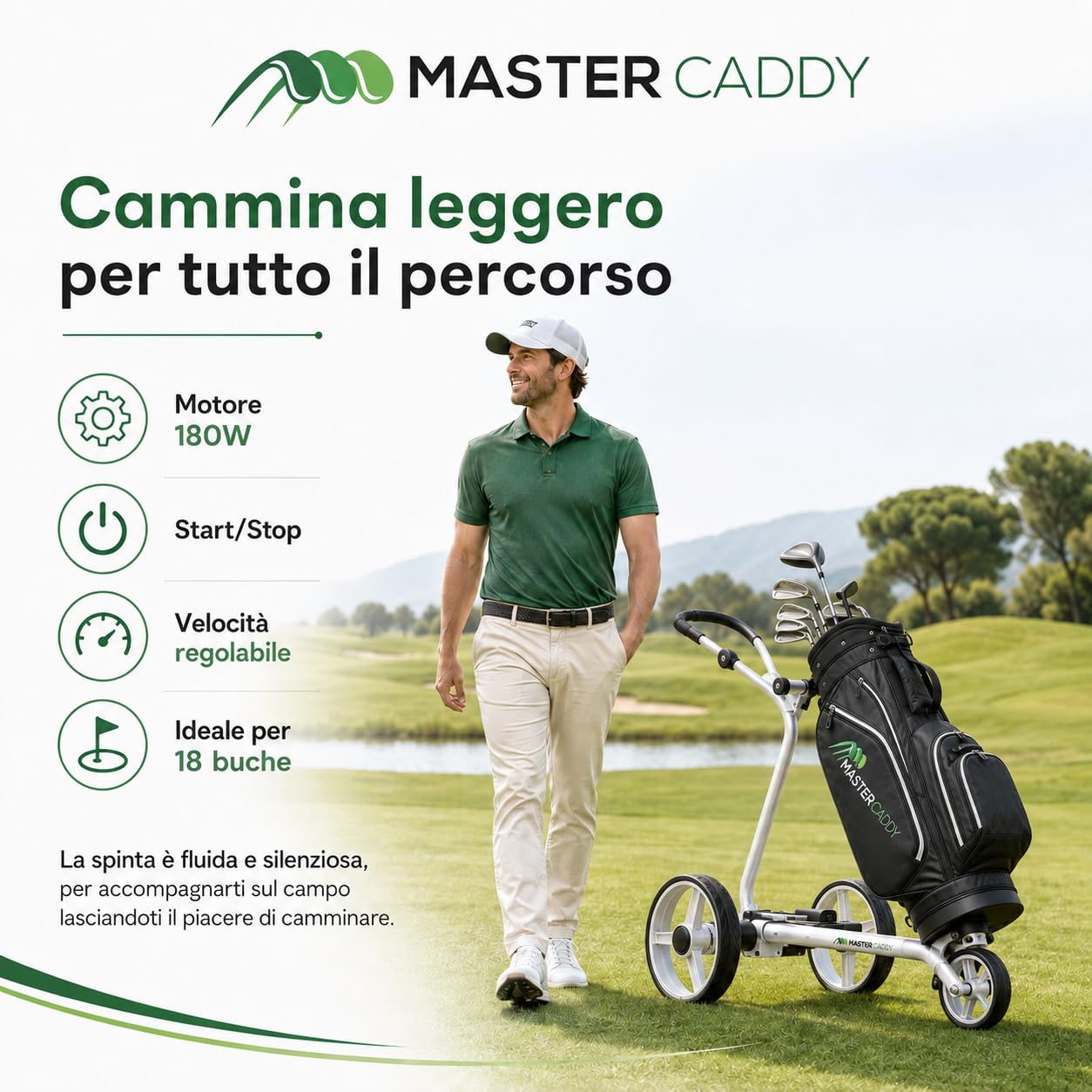 Master Caddy – Chariot de Golf Basic “Remote Litio” avec télécommande (Batterie au lithium 12V, Moteurs tubulaires)